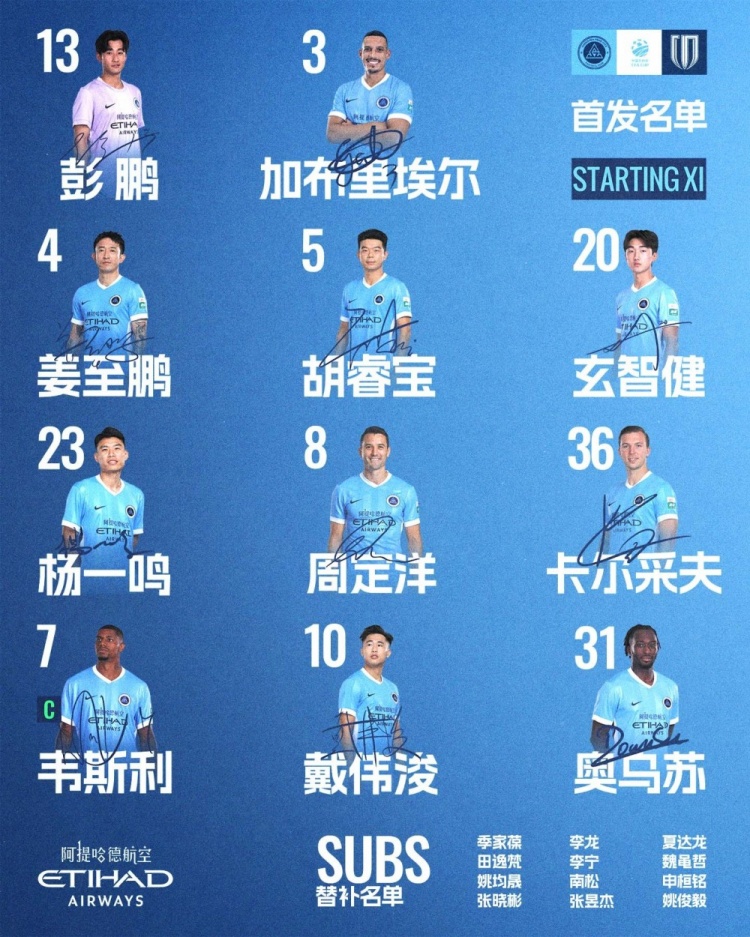 深圳新鹏城首发：加布里埃尔领衔防线 戴伟浚周定洋同时出战