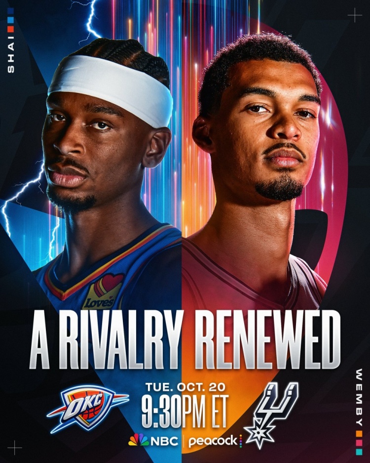 NBA官方认证雷霆马刺为宿敌 新赛季揭幕战海报发布