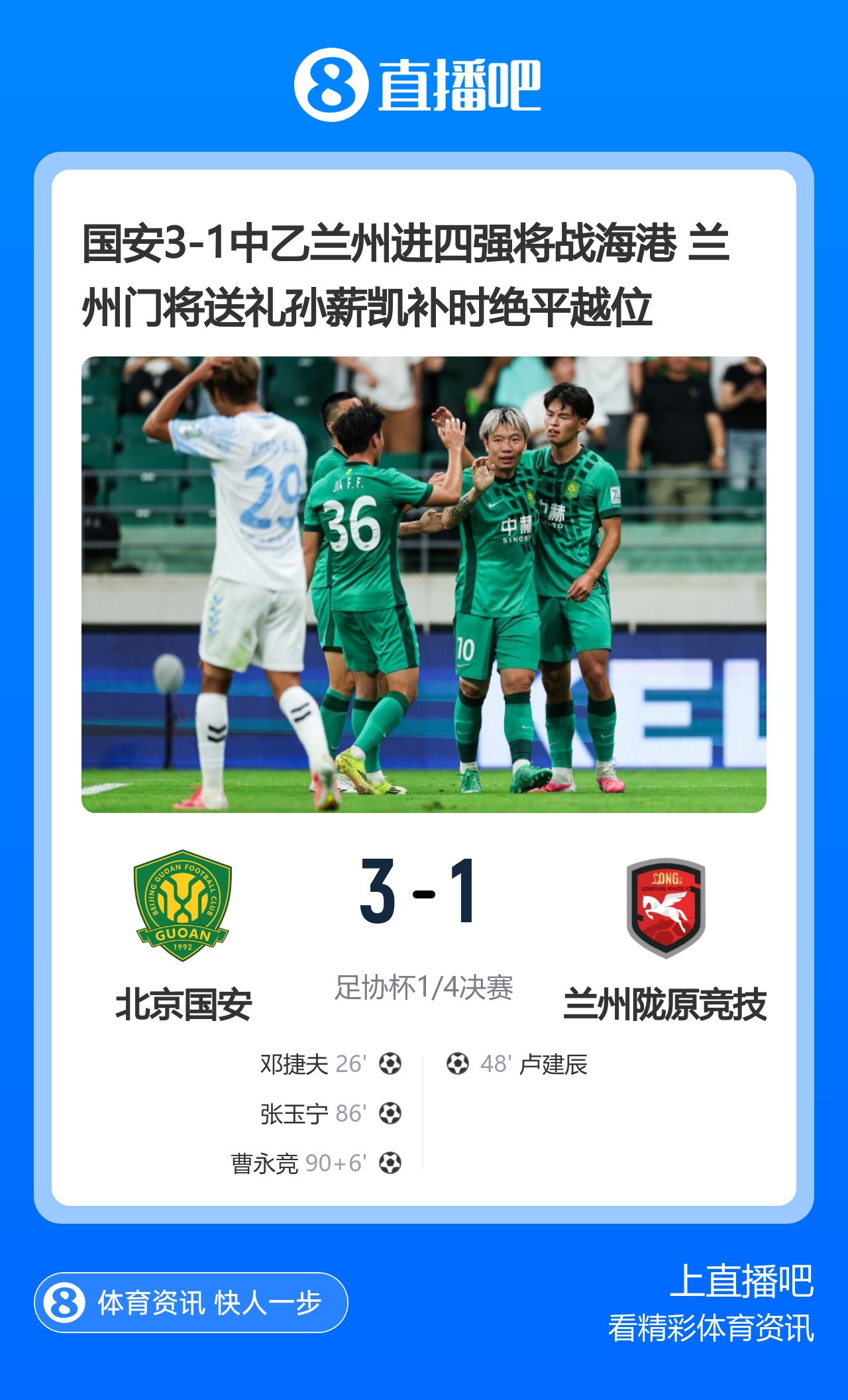 国安3-1中乙兰州进四强将战海港 兰州门将送礼孙薪凯补时绝平越位