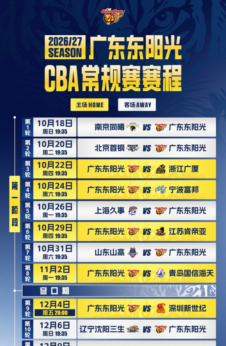 广东发布新赛季赛程！首战10/18客战同曦 主场揭幕战10/22打广厦