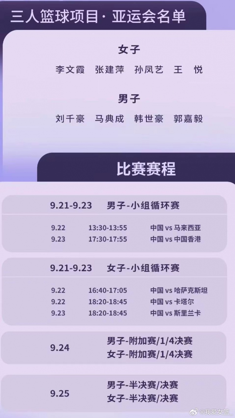 中国三人女篮亚运赛程公布!分别对阵哈萨克斯坦/卡塔尔/斯里兰卡 中国三人女篮亚运赛程公布!分别对阵哈萨克斯坦/卡塔尔/斯里兰卡