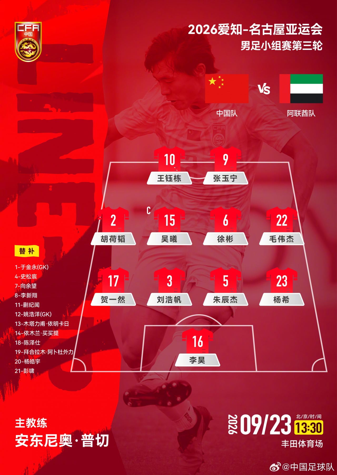 首发不变！U23国足vs阿联酋阵型：沿用442，王钰栋、张玉宁双前锋